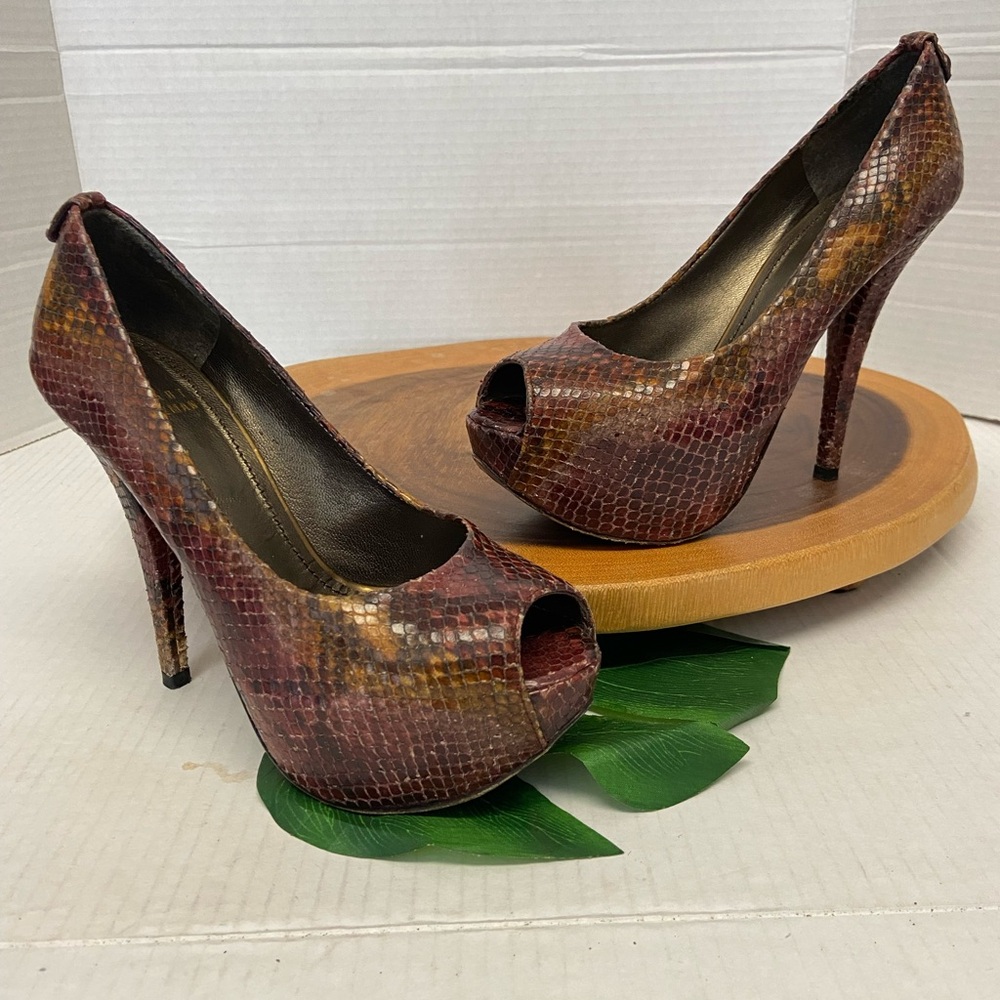 Stuart Weitzman Teal Python Snakeskin Peep Toe He… - image 1